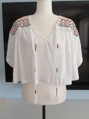 Free People Shirt Womens XSmall/Small Market Tee Embroidered Boho Tassels Cotton